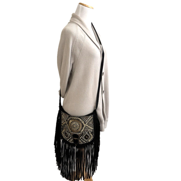 Big Buddha Shoulder Crossbody Bag Black Suede Fringe Gold Beaded Bohemian - NWT - Picture 2 of 14